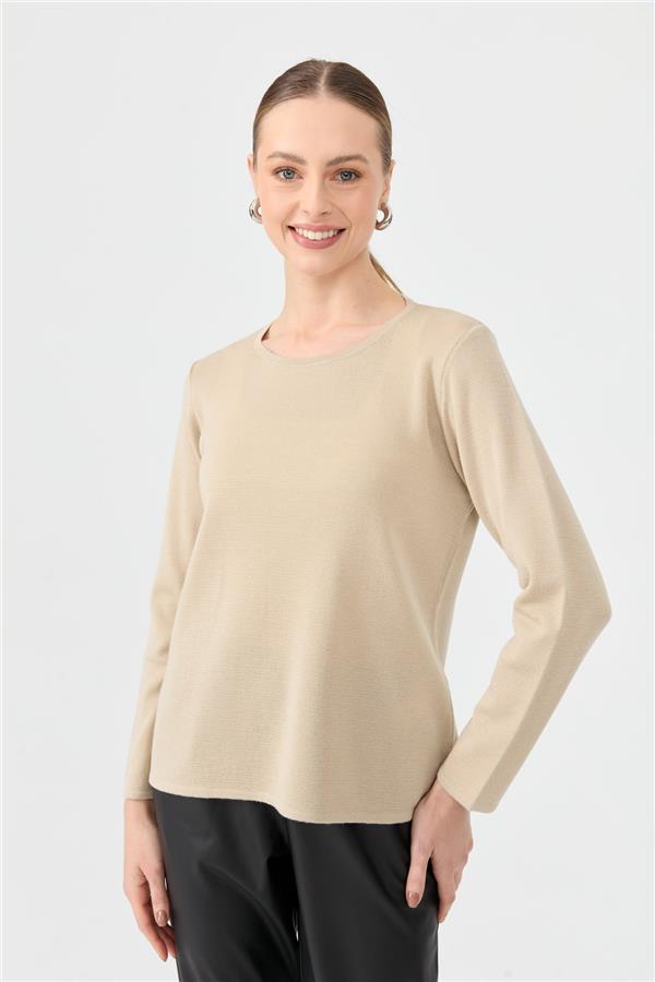 Kadın Sıfır Yaka Uzun Kollu Basic Yün Bluz M.Bej