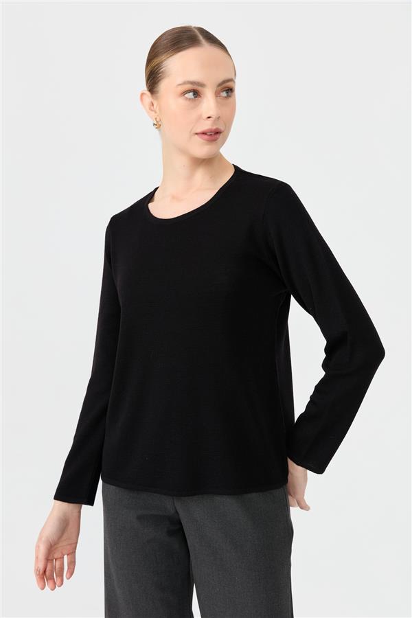 Kadın Sıfır Yaka Uzun Kollu Basic Yün Bluz Siyah