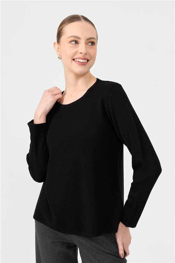 Kadın Sıfır Yaka Uzun Kollu Basic Yün Bluz Siyah