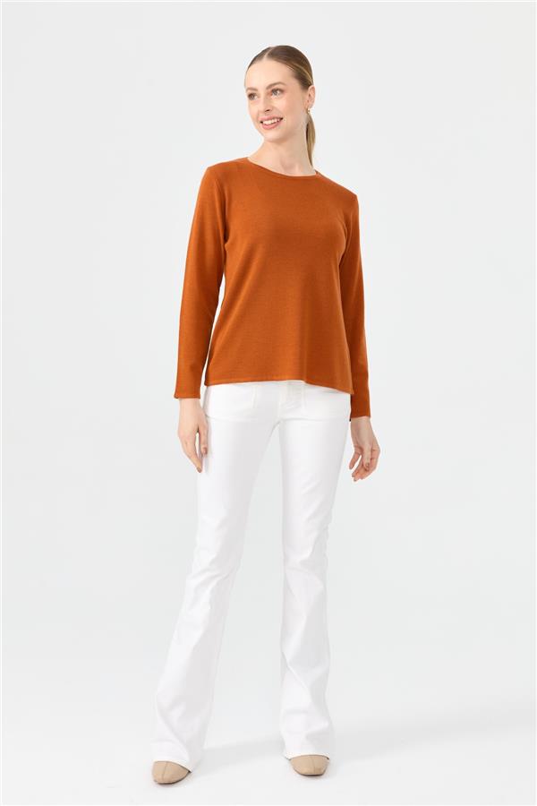 Kadın Sıfır Yaka Uzun Kollu Basic Yün Bluz A.Kiremit