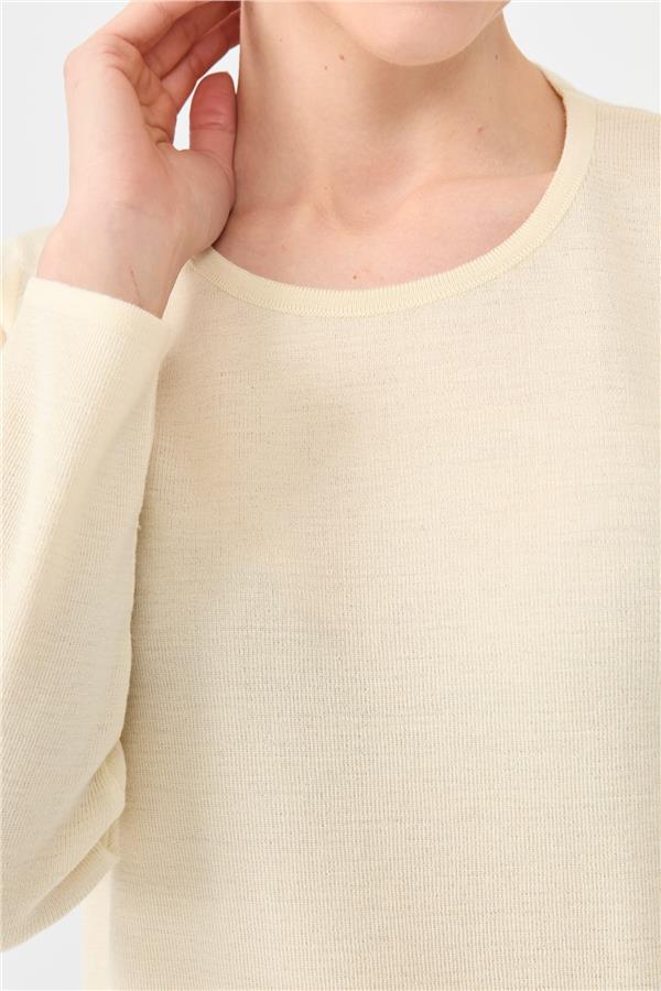 Kadın Sıfır Yaka Uzun Kollu Basic Yün Bluz Kemik