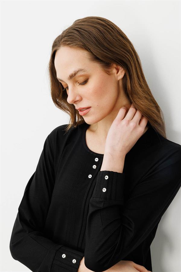 Kadın Sıfır Yaka Uzun Kollu Penye Bluz Siyah