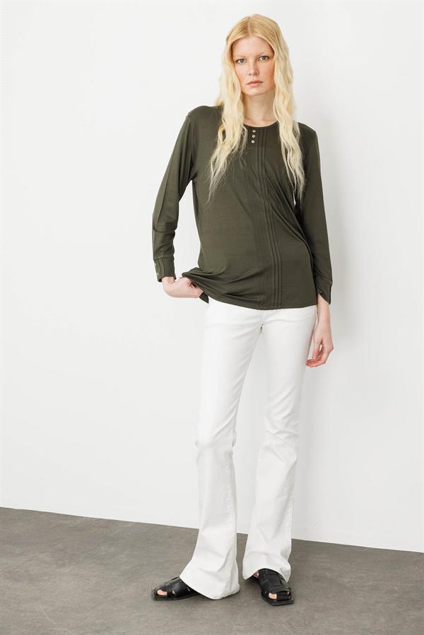 Kadın Sıfır Yaka Uzun Kollu Penye Bluz Haki
