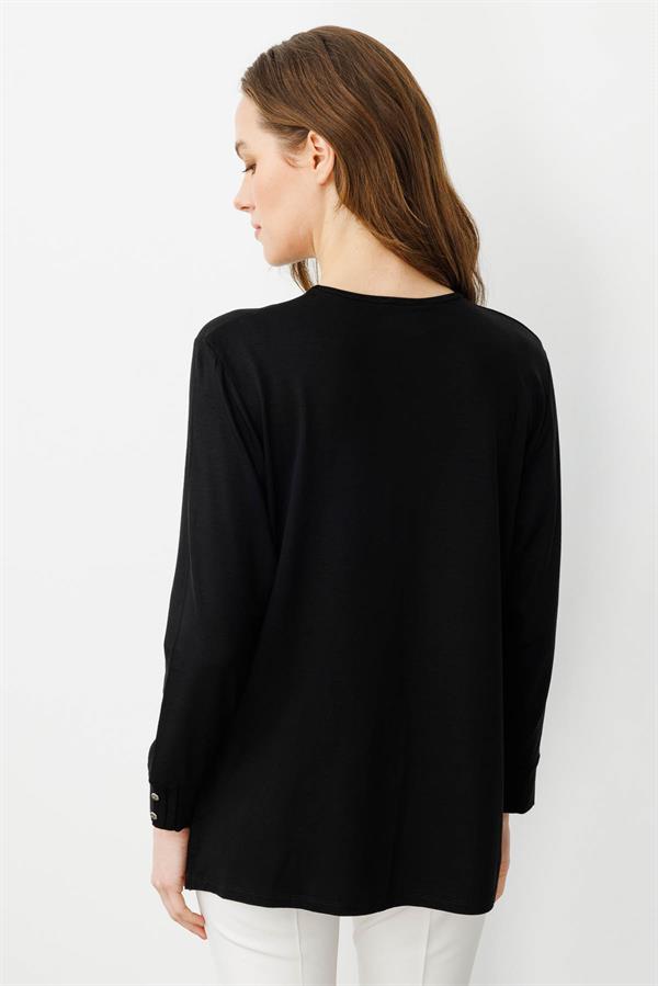 Kadın Sıfır Yaka Uzun Kollu Penye Bluz Siyah