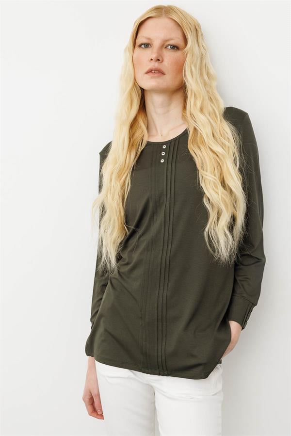 Kadın Sıfır Yaka Uzun Kollu Penye Bluz Haki