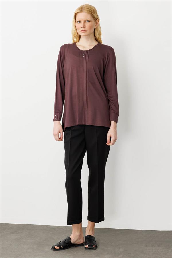 Kadın Sıfır Yaka Uzun Kollu Penye Bluz Kahve