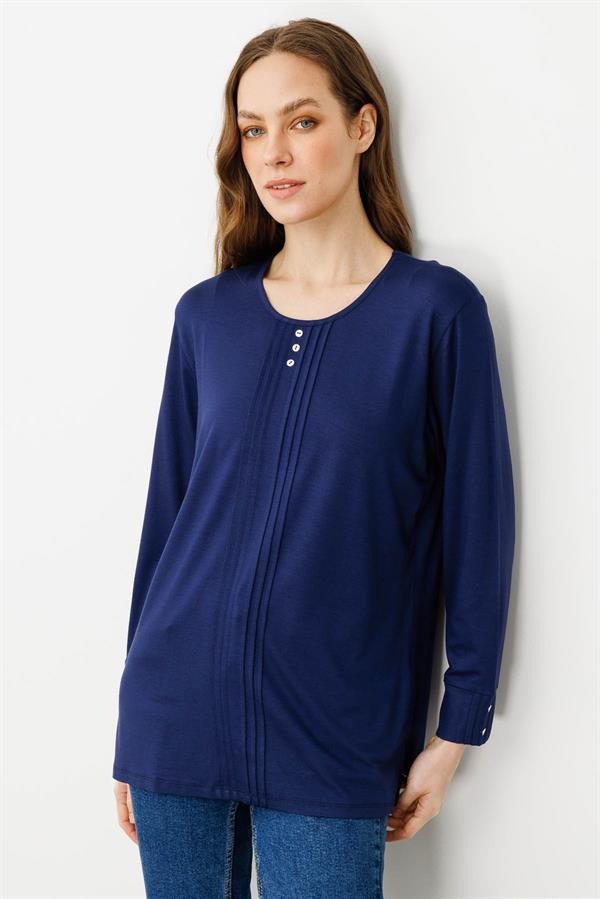 Kadın Sıfır Yaka Uzun Kollu Penye Bluz İndigo