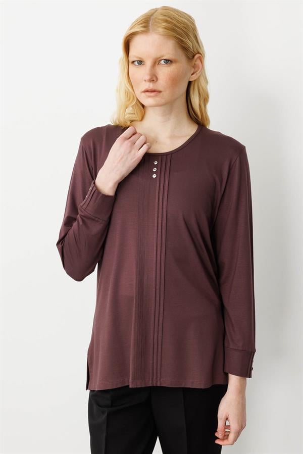 Kadın Sıfır Yaka Uzun Kollu Penye Bluz Kahve
