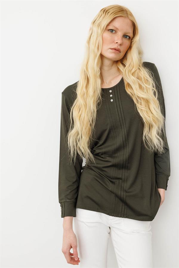Kadın Sıfır Yaka Uzun Kollu Penye Bluz Haki