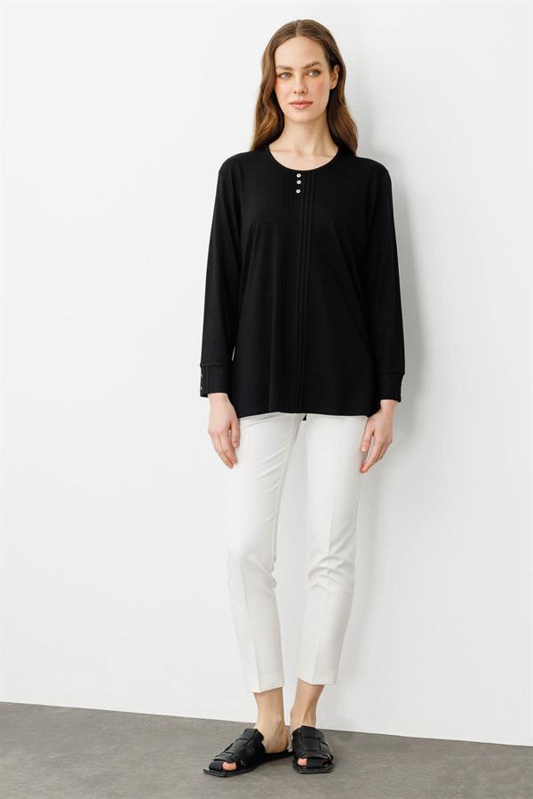 Kadın Sıfır Yaka Uzun Kollu Penye Bluz Siyah
