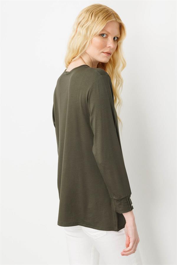 Kadın Sıfır Yaka Uzun Kollu Penye Bluz Haki