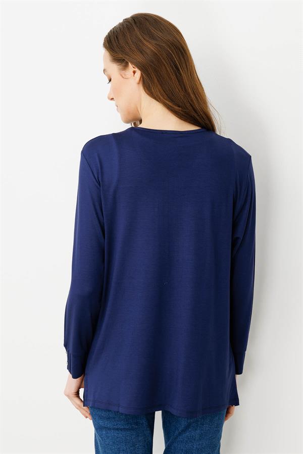 Kadın Sıfır Yaka Uzun Kollu Penye Bluz İndigo