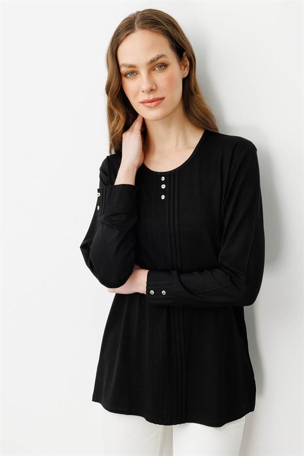 Kadın Sıfır Yaka Uzun Kollu Penye Bluz Siyah