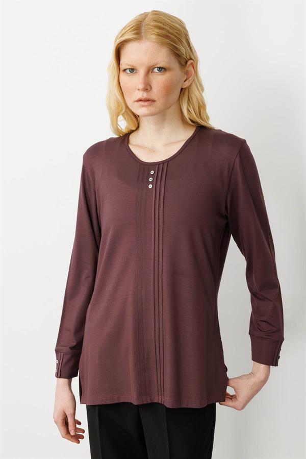 Kadın Sıfır Yaka Uzun Kollu Penye Bluz Kahve