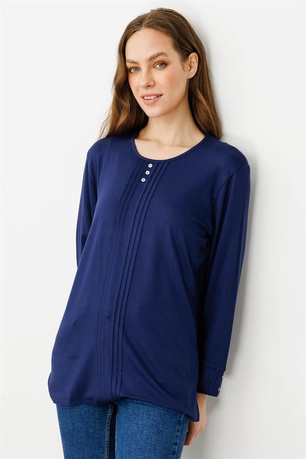 Kadın Sıfır Yaka Uzun Kollu Penye Bluz İndigo