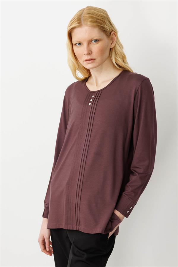 Kadın Sıfır Yaka Uzun Kollu Penye Bluz Kahve