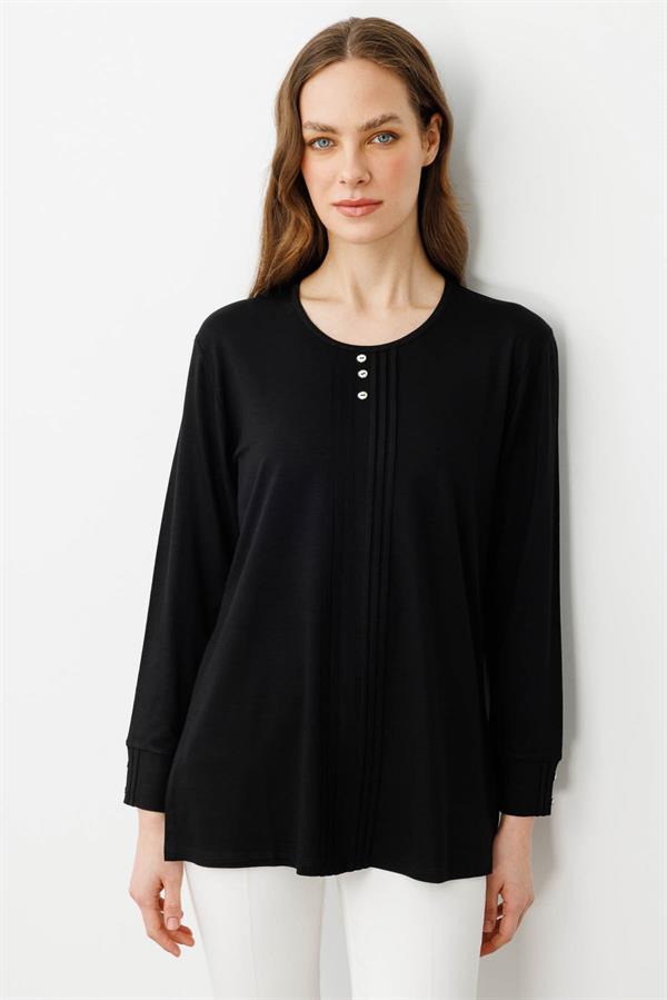 Kadın Sıfır Yaka Uzun Kollu Penye Bluz Siyah