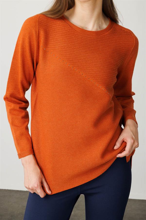 Kadın Sıfır Yaka Verev Taşlı Kazak Turuncu