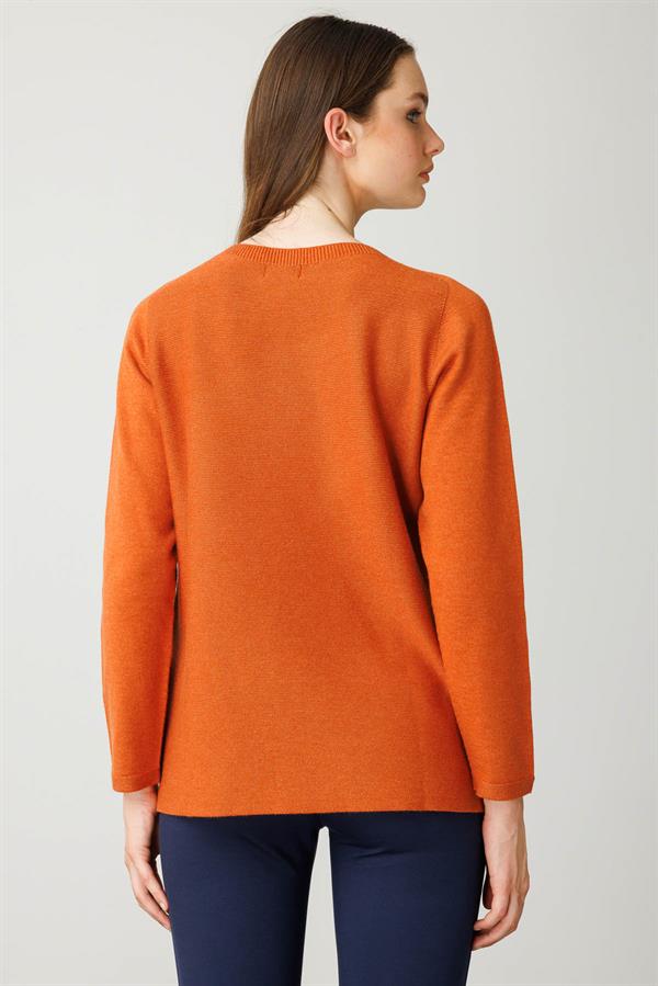 Kadın Sıfır Yaka Verev Taşlı Kazak Turuncu