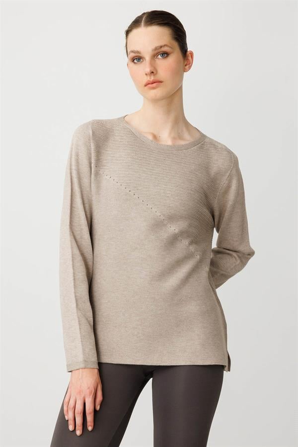 Kadın Sıfır Yaka Verev Taşlı Kazak Vizon