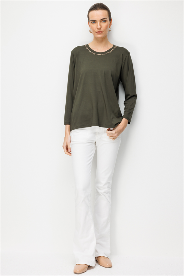 Kadın Sıfır Yaka Yaka Kenarı İşlemeli Penye Bluz Haki