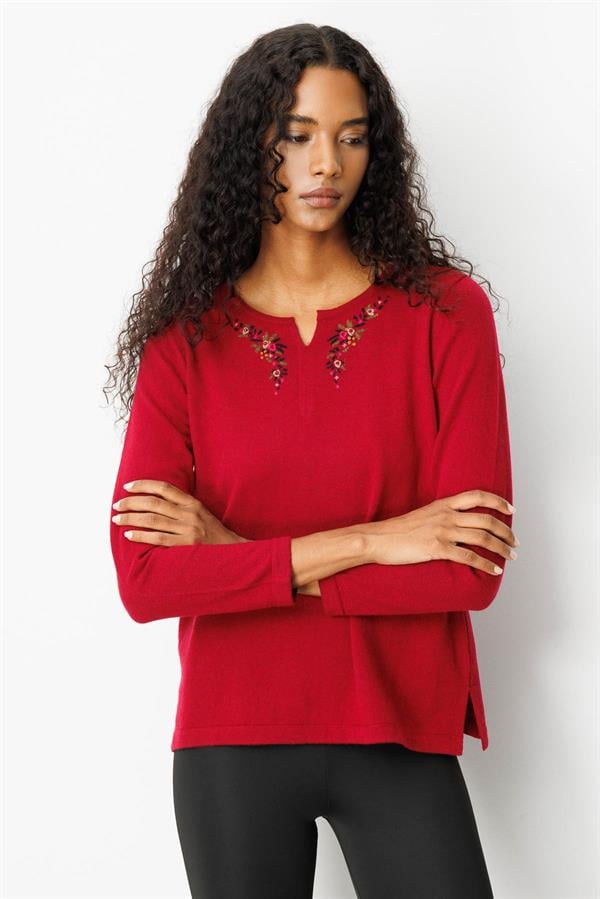 Kadın Sıfır Yaka Yaka Kenarı İşlemeli Yün Bluz V.Çürüğü