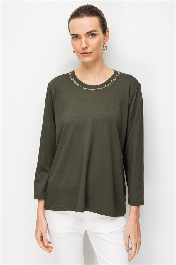 Kadın Sıfır Yaka Yaka Kenarı İşlemeli Penye Bluz Haki