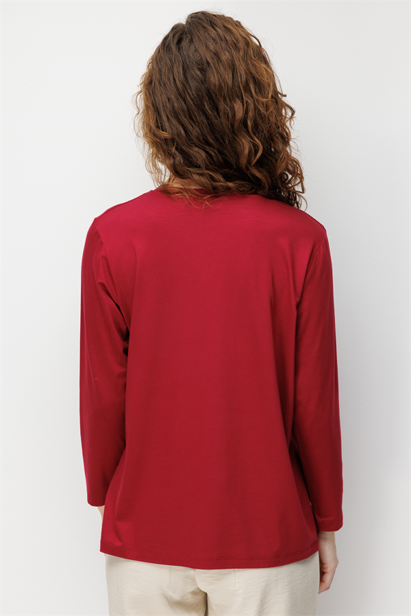 Kadın Sıfır Yaka Yaka Kenarı İşlemeli Penye Bluz Vişne