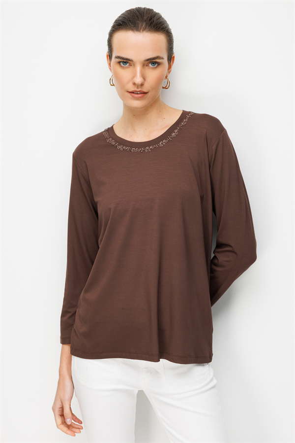 Kadın Sıfır Yaka Yaka Kenarı İşlemeli Penye Bluz K.Kahve