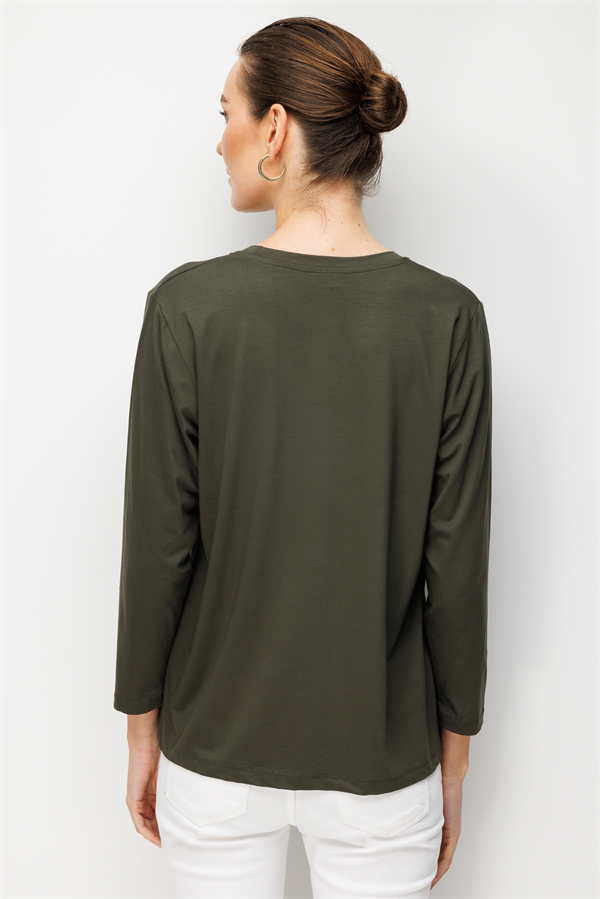 Kadın Sıfır Yaka Yaka Kenarı İşlemeli Penye Bluz Haki