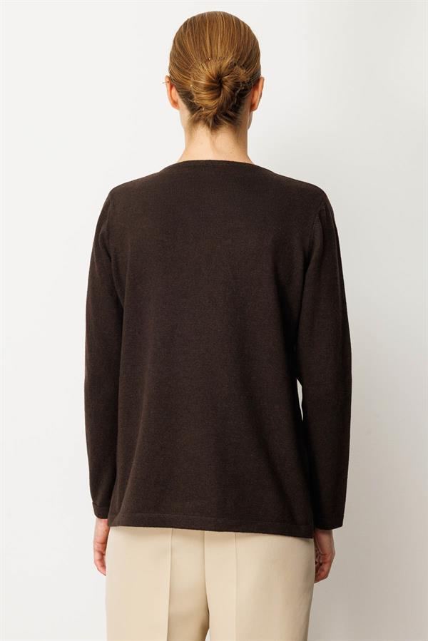 Kadın Sıfır Yaka Yaka Kenarı İşlemeli Yün Bluz K.Kahve