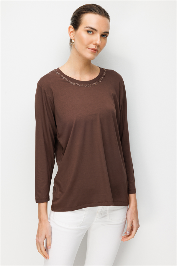 Kadın Sıfır Yaka Yaka Kenarı İşlemeli Penye Bluz K.Kahve