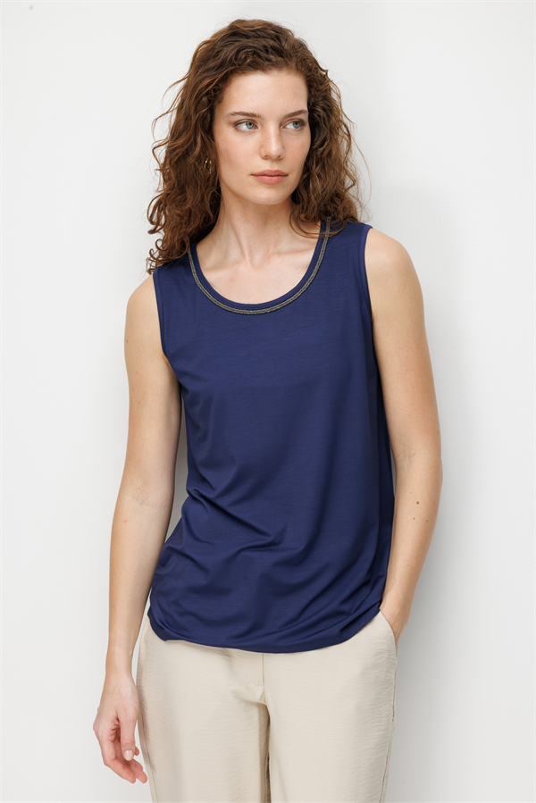 Kadın Sıfır Yaka Yaka Kenarı Zincirli Askılı Penye T-shirt Lacivert