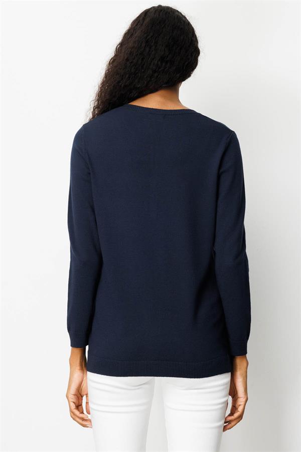 Kadın Sıfır Yaka Yakası Çiçek Nakış İşlemeli Bluz K.Lacivert