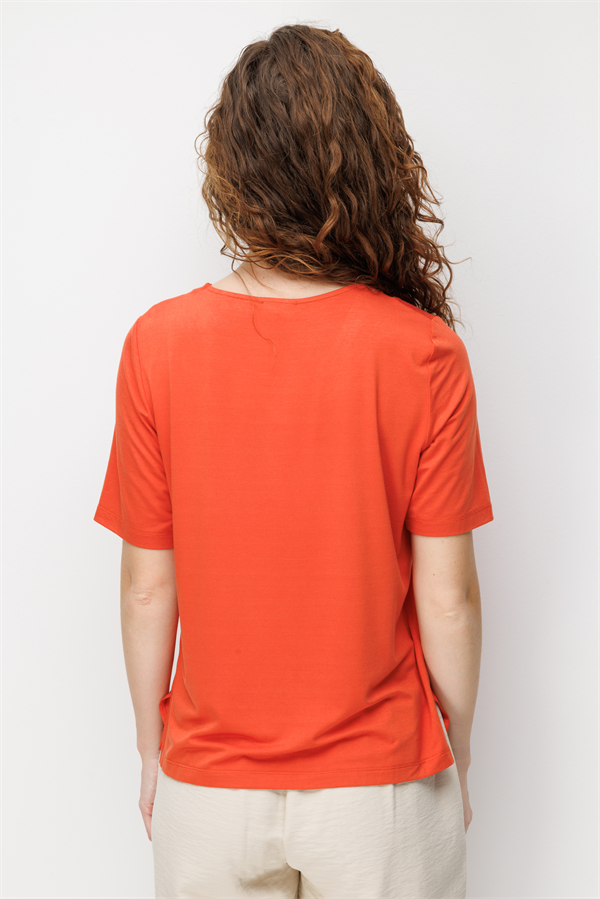 Kadın Sıfır Yaka Yakası Çift Şeritli Taşlı Penye T-shirt Oranj