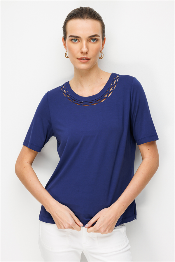 Kadın Sıfır Yaka Yakası Çift Şeritli Taşlı Penye T-shirt Lacivert