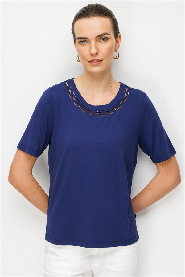 Kadın Sıfır Yaka Yakası Çift Şeritli Taşlı Penye T-shirt Lacivert