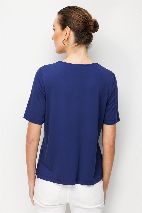 Kadın Sıfır Yaka Yakası Çift Şeritli Taşlı Penye T-shirt Lacivert