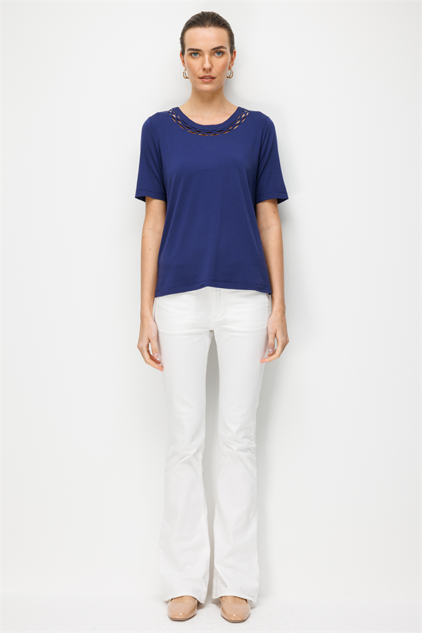 Kadın Sıfır Yaka Yakası Çift Şeritli Taşlı Penye T-shirt Lacivert
