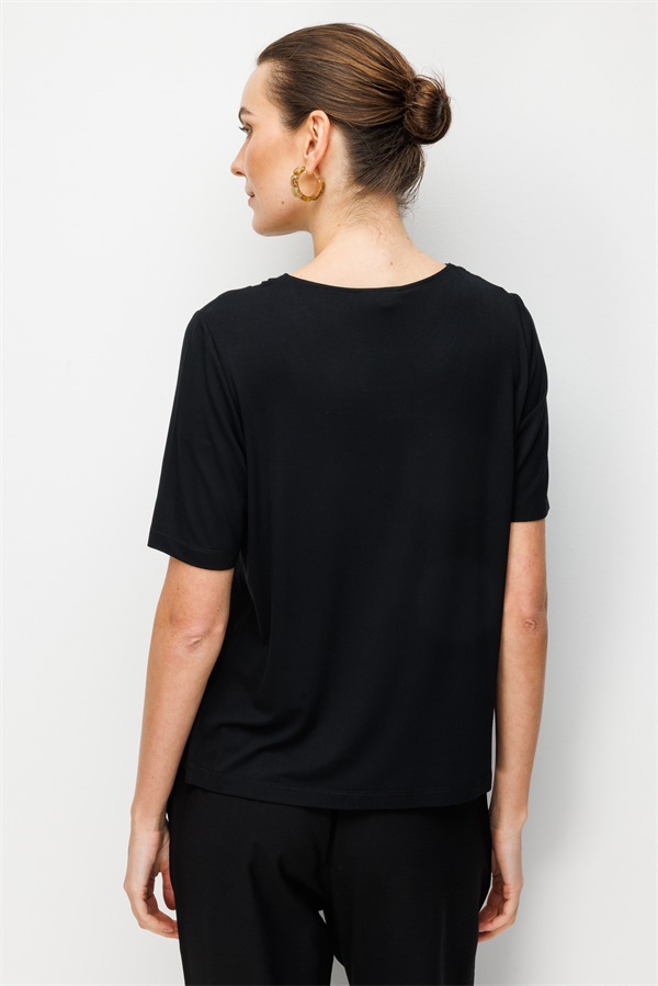Kadın Sıfır Yaka Yakası Çift Şeritli Taşlı Penye T-shirt Siyah