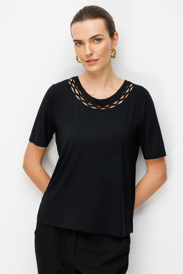 Kadın Sıfır Yaka Yakası Çift Şeritli Taşlı Penye T-shirt Siyah