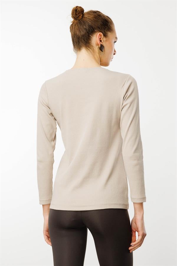 Kadın V Yaka Yakası Nakış İşlemeli Pamuklu Bluz Bej