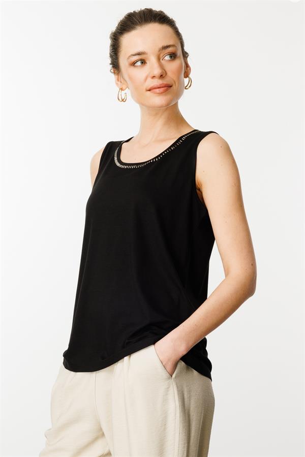 Kadın Sıfır Yaka Yakası Taşlı Askılı T-shirt Siyah