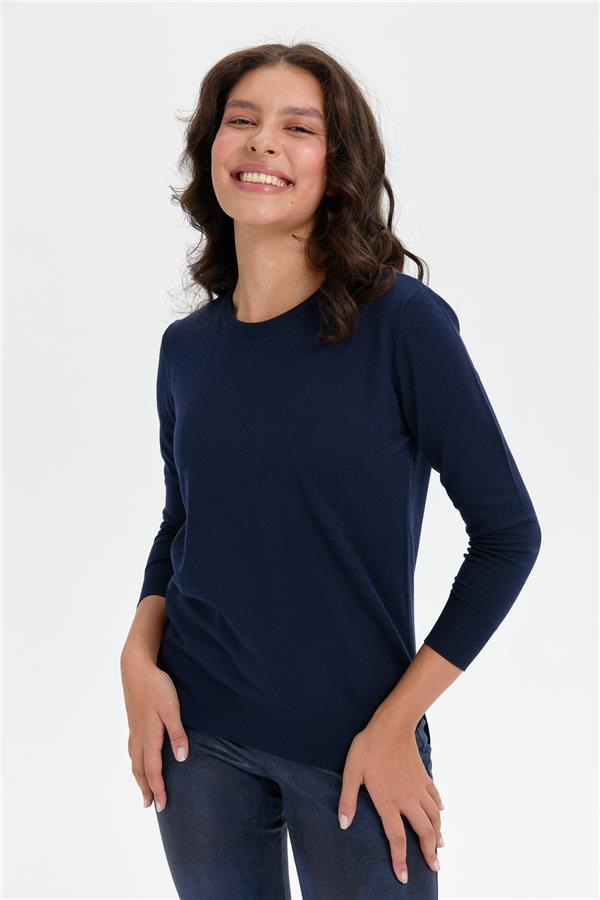 Kadın Sıfır Yaka Yanı Yırtmaçlı Kazak K.Lacivert