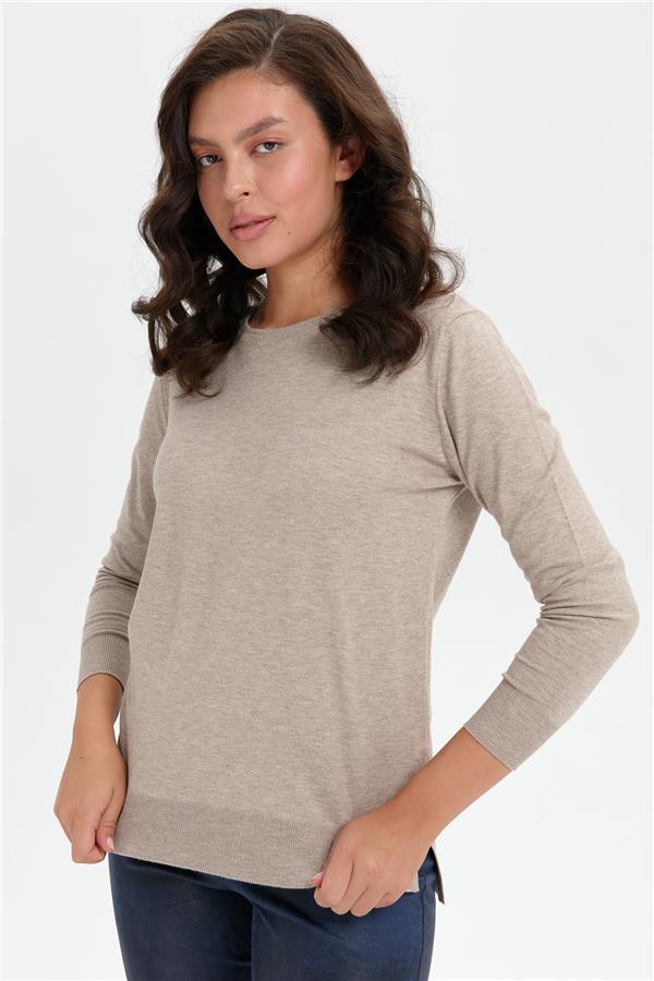 Kadın Sıfır Yaka Yanı Yırtmaçlı Kazak Vizon