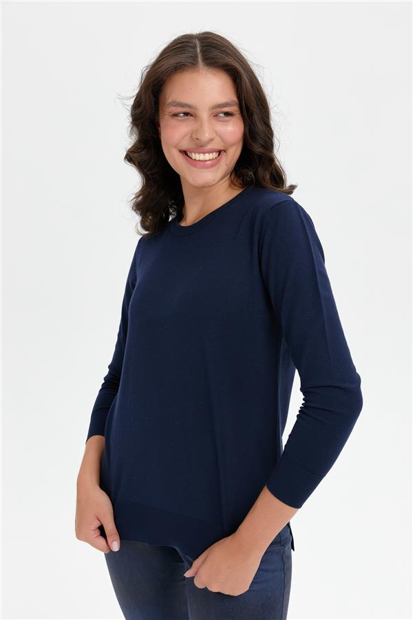 Kadın Sıfır Yaka Yanı Yırtmaçlı Kazak K.Lacivert