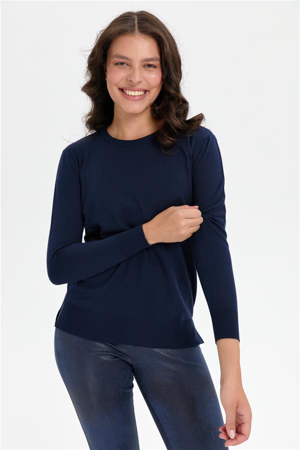 Kadın Sıfır Yaka Yanı Yırtmaçlı Kazak K.Lacivert