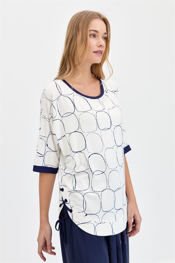 Womens Crew Neck Combed T-shirt with Ecru/Navy