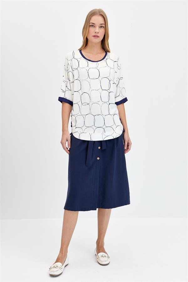 Womens Crew Neck Combed T-shirt with Ecru/Navy