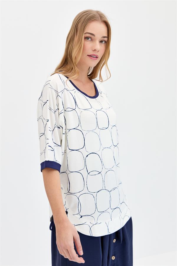 Womens Crew Neck Combed T-shirt with Ecru/Navy